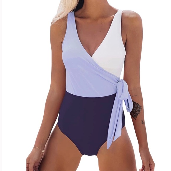 CUPSHE One Piece Swimsuit Wrap Color Block Tie, Purple White, Size Small - Picture 9 of 10